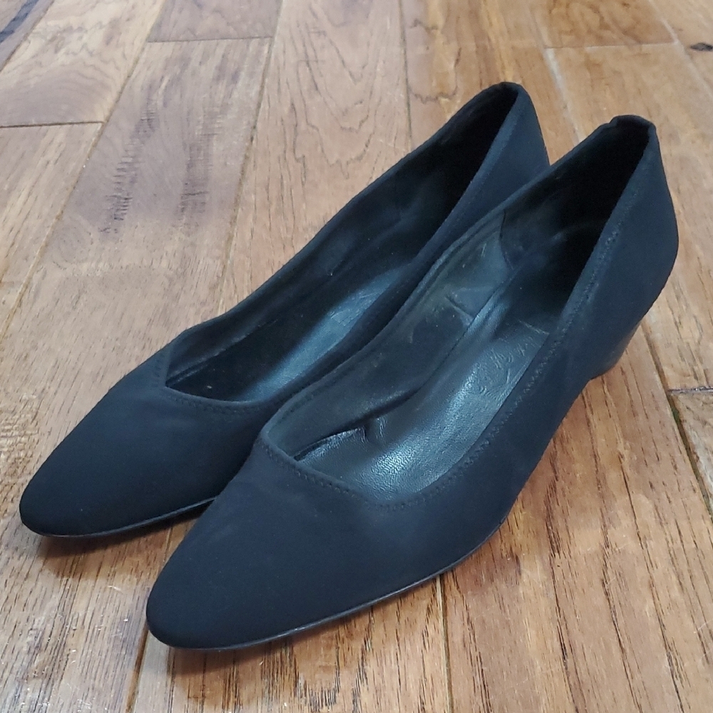 Salvatore Ferragamo Black Fabric Kitten Wedge Pumps
